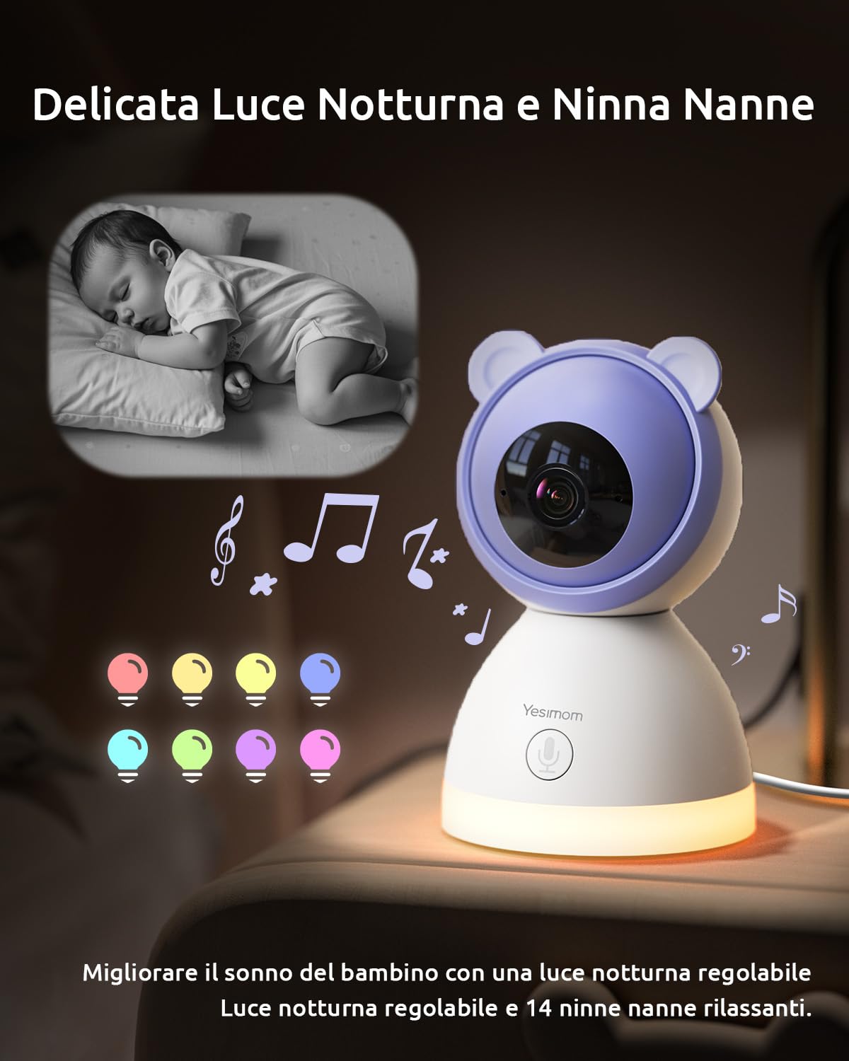 YESIMOM 2K Baby Monitor Video e Audio, Telecamera Bambini Supporto Controllo Tramite Cellulare APP & 5" Monitor, Videocamera Neonato con Luce Notturna, 360° PTZ, Allarmi Pianto e Movimento（8TM-1PZ