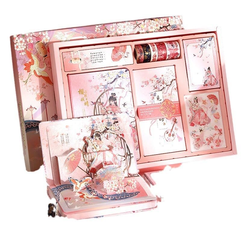 Image of VIBE VISTA Vintage Aesthetic Scrapbook Kit, 346 Pcs, A6 Grid Notebook, Washi, Envelopes, Scrapbook Papers, Folding Labels, Background Papers, Photo Frames, Calendar Stickers, Stickers (Pink Sakura)