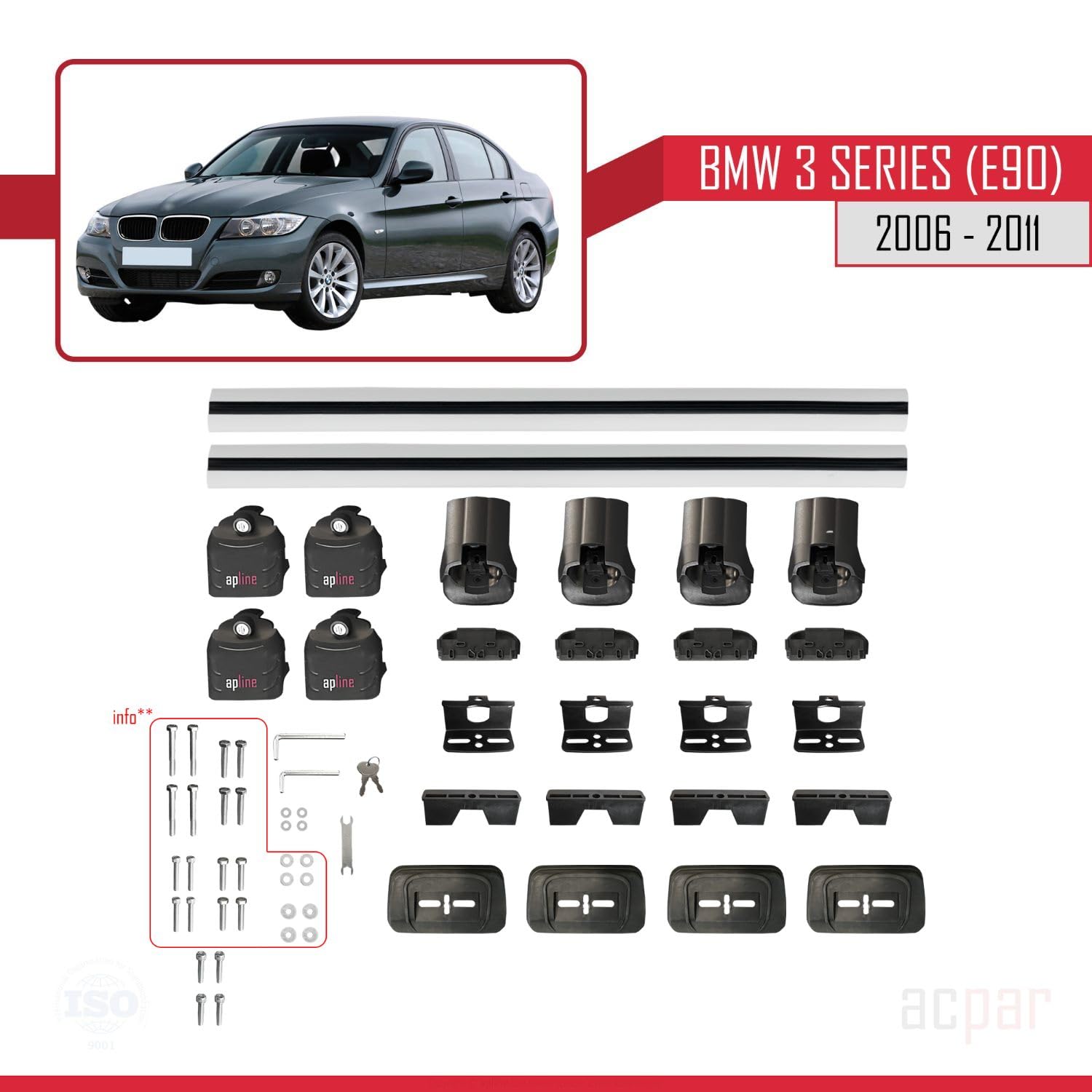 Compatible con BMW Serie 3 (E90) 2005-2012 Modelo Ace-3 Barra de Techo Auto Portaequipajes Barras Transversales Gris Aluminio 2 Barras