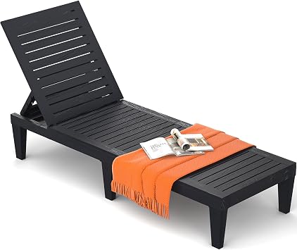 Outdoor Lounge Chair for Poolside Patio, Weather-Resistant Pool Chaise Lounge with Adjustable Backrest, Resin Tanning Chair Sun Lounger for Outside Deck, Beach, Sunbathing, Black