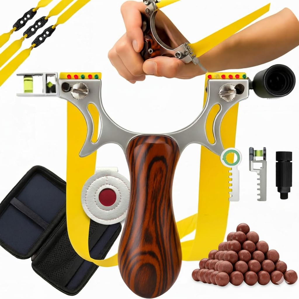 Profi Schleuder mit Zubehör – Slingshot Set mit Tonkugeln, Holzgriff, Wasserwaage, Ersatzgummi und Schild & Tragetasche – Hochwertige Zwille für Outdoor, Sport, Training & Survival