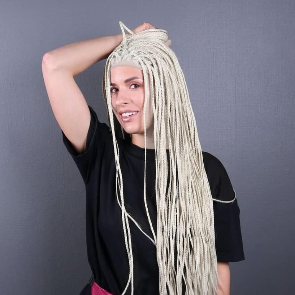 AFBeauty Platinum Blonde Braided Lace Front Wig, Long White Micro Braid Synthetic Wig, Pre-Plucked, Heat Resistant Fiber