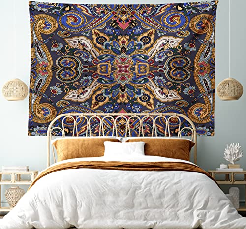 Ambesonne Paisley Tapestry, Historical Moroccan Florets Slavic Effects Heritage Design, Wide Wall Hanging For Bedroom Living Room Dorm, 80" X 60", Blue Orange #TOP4