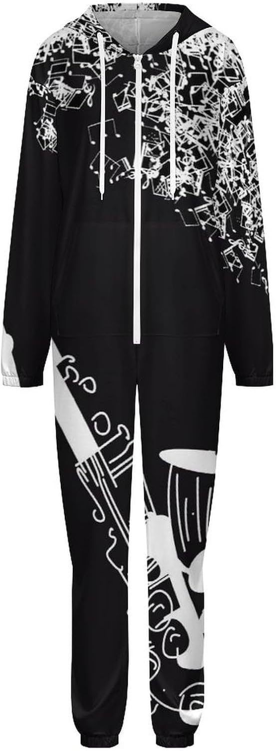 Black White Saxophone Adult Pajamas Onesie with Hood Pocket Jumpsuits One Piece Sleepwear