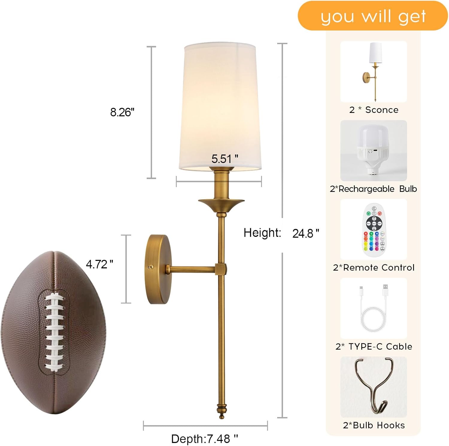 PASSICA DECOR Battery Operated Wall Sconce Set of 2 - Rechargeable Cordless Lights with Remote, Dimmable RGB Timer Wireless Sconces for Bedroom, Living Room, Hallway