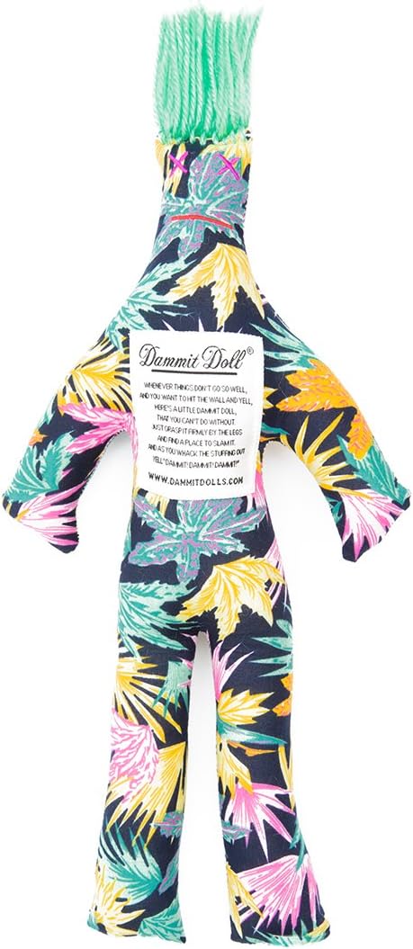 Dammit Doll - Classic Dammit Doll - Neon Xenon - Neon Palms on Black, Seafoam Green Hair - Stress Relief, Gag Gift