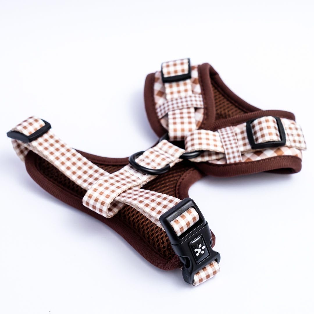 Pack Arnés L y Correa M Mocca para Perro Ajustables de Neopreno – Diseño Vichy, Cómodos y Resistentes – 4 Tallas