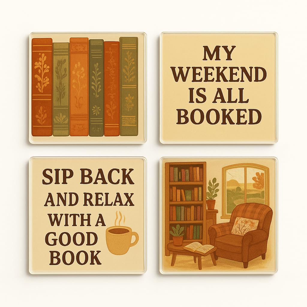 The Plum Penguin Cottage Page Turners Acrylic Coaster Set Of 4 With Cottagecore Book Lover Design - Enchanting Literary Home Decor For Reading Enthusiasts