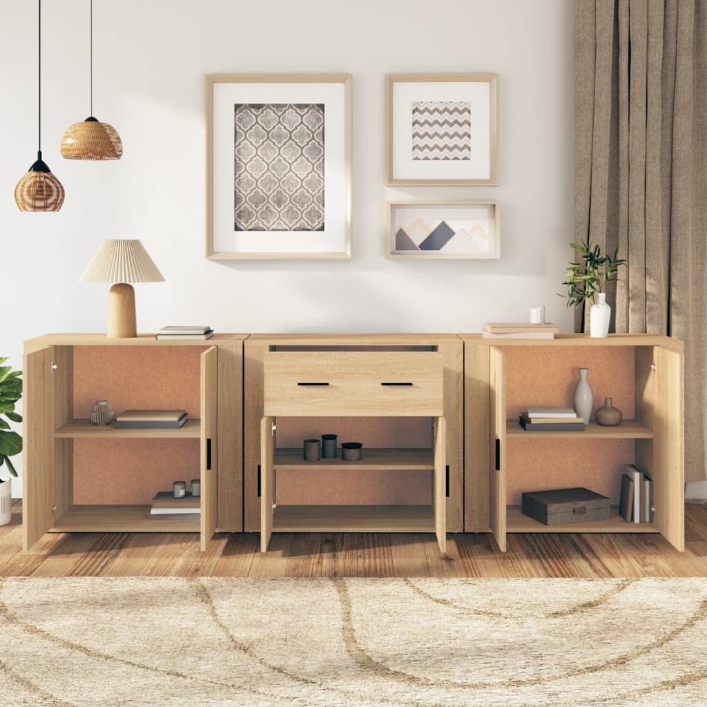 Buffet 3 Pièces En Bois D'ingénierie Style Chêne Artisanal | Dimensions 180x35x70 Cm | 12 Portes à Charnières | Livré à Assembler
