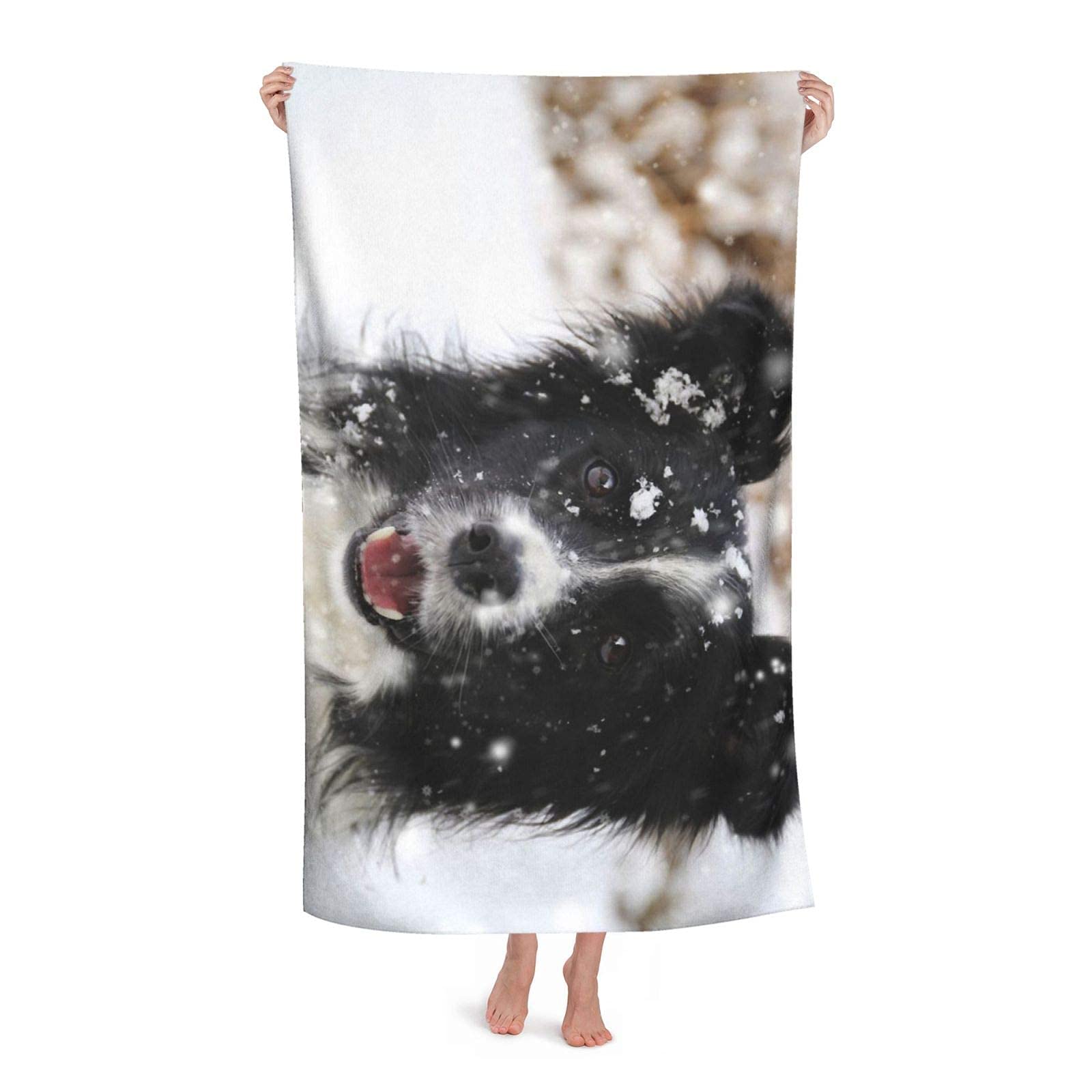 Fflsdr White Beach Towel Border Collie Snow Dog Microfiber Large Bath Towel For Adults Absorbent Quick Dry Beach Blanket 80X130cm