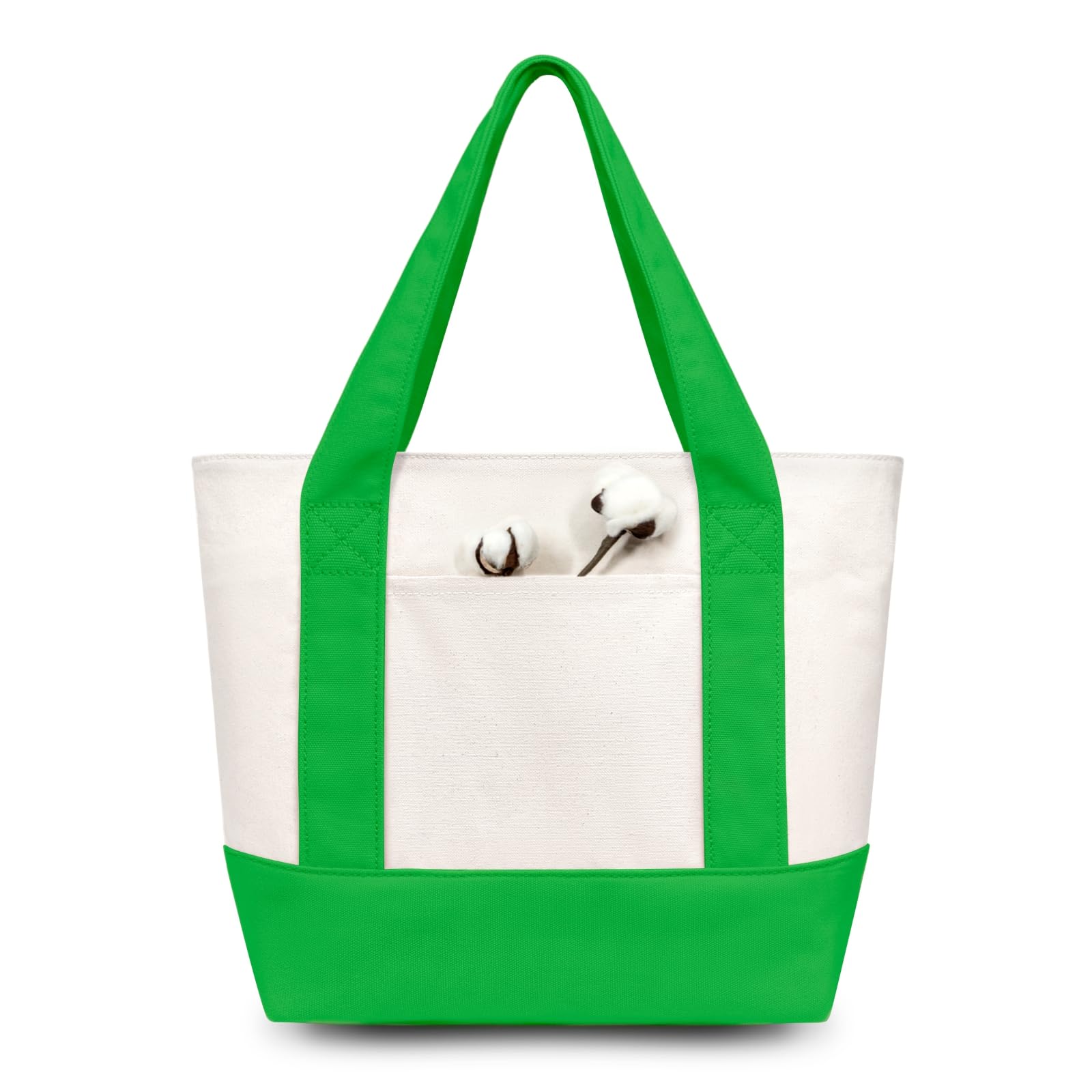 TOPDesign 1-Pack Small Canvas Tote Bag with an External Pocket, Reusable Bag, Top Zipper Closure, Daily Essentials (Lime Green/Natural)