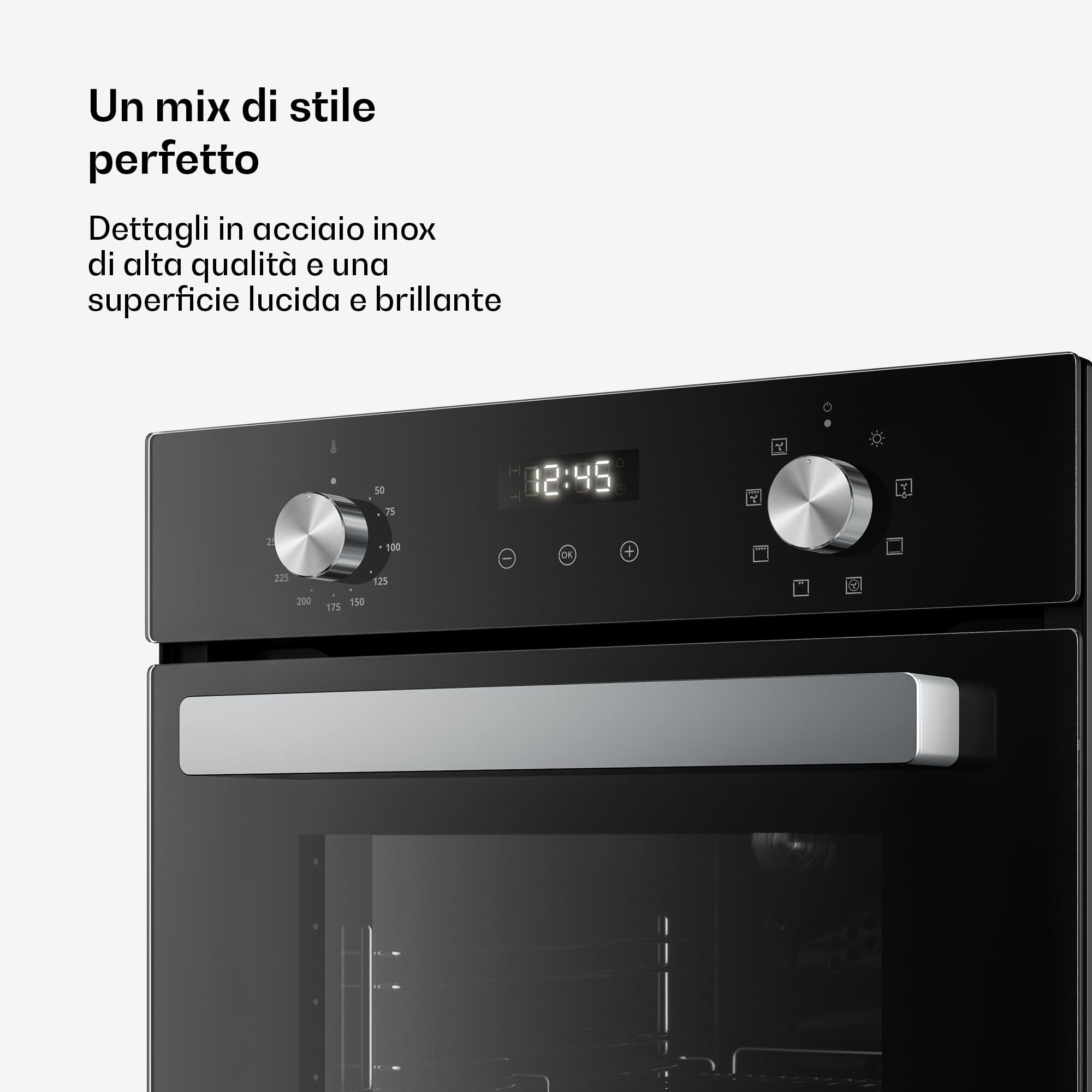 Klarstein Verosteel Forno da Incasso 45 cm - 49L, 8 Funzioni, Classe A, Timer, Doppio Vetro, Facile da Pulire, Acciaio Inox & Vetro Nero, Forno Elettrico Ventilato da Incasso
