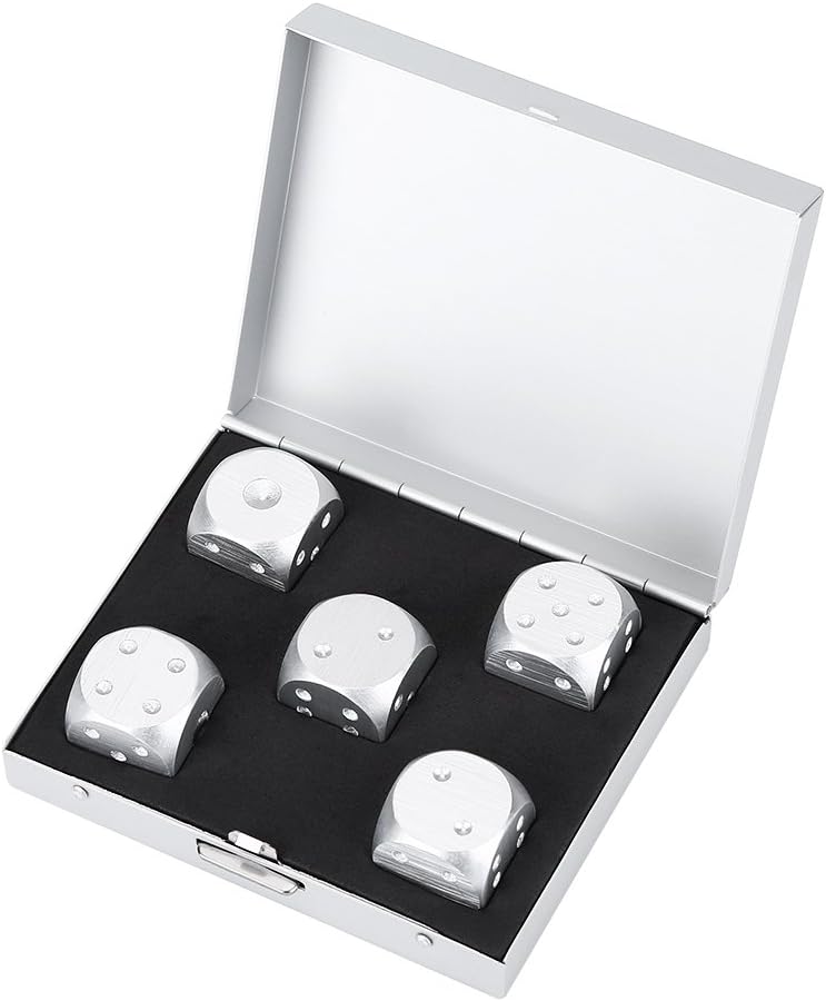 Precision Aluminum Alloy Dice Solid Metal Dice Set Table Game Dice Poker Games Dices Set with Case 5Pcs (Silver Square Box) Dice Set 6 Sided Aluminum Dice