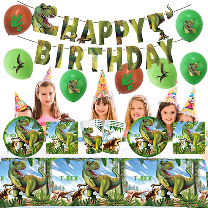 Decorazione Compleanno Dinosauri: 18 Palloncini + 10 Piatti + 10 Tazze + 10 Tovaglioli + 1 Tovaglia + 1 Festone, Kit Compleanno Dinosauri, Verde, Unisex Adulti