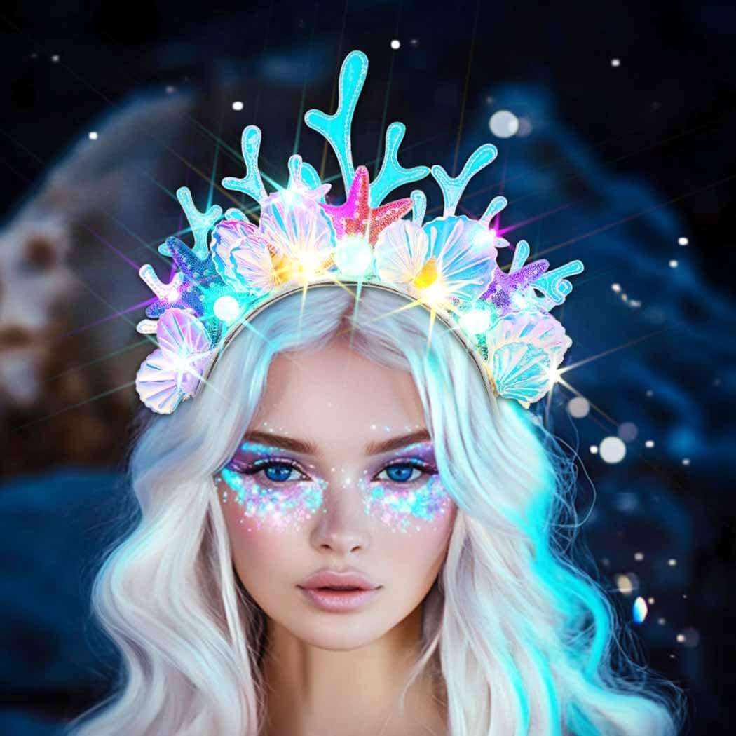DRESBE Light Up Shell Headband LED Pearl Headbands Coral Glow Party Hair Accessories for Women - Image 2