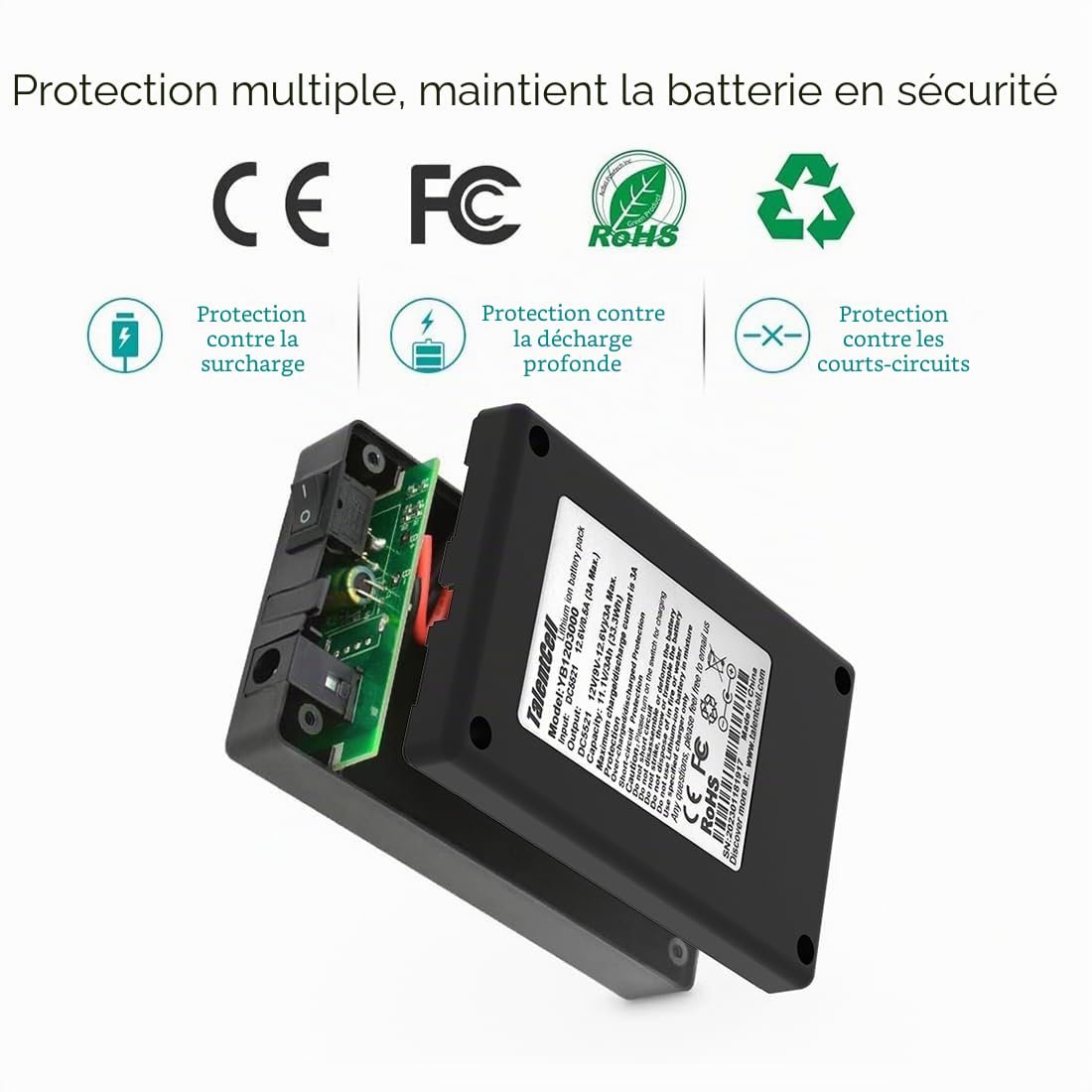 TalentCell Power Bank Batterie lithium-ion externe, rechargeable, 36 W, 12 V, 3000 mAh, double sortie de 12 V/5 V, avec chargeur, pour bandes lumineuses LED, caméra CCTV, et bien d’autres, noire
