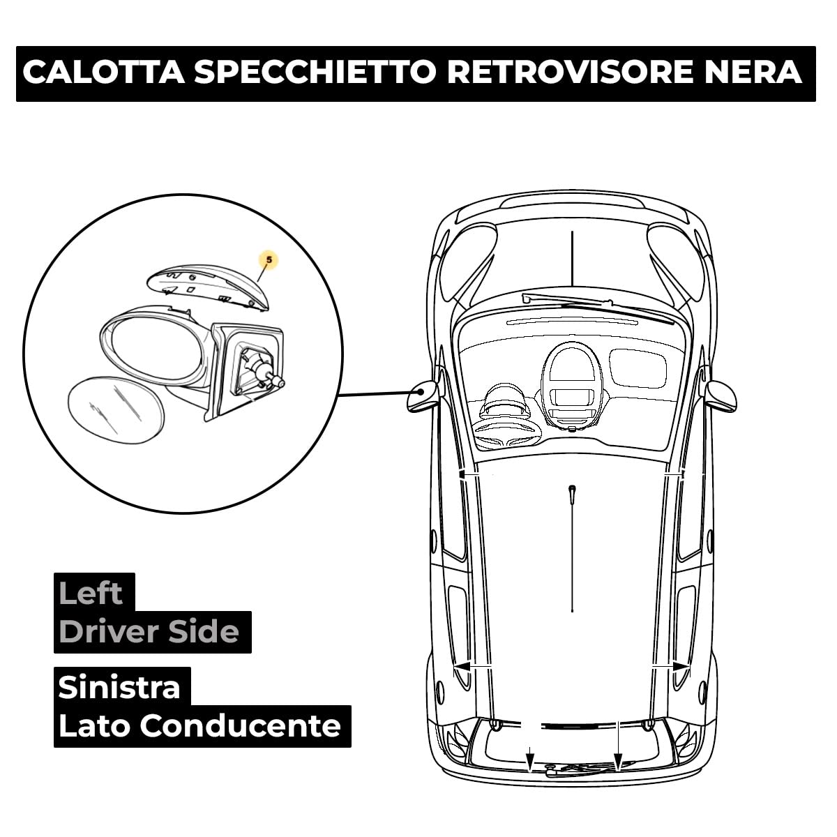 BSSTORE Calotta Specchietto Retrovisore Nera per Aygo, C1, 107 dal 2005 al 2014 (Sinistra - Lato Conducente) 801883