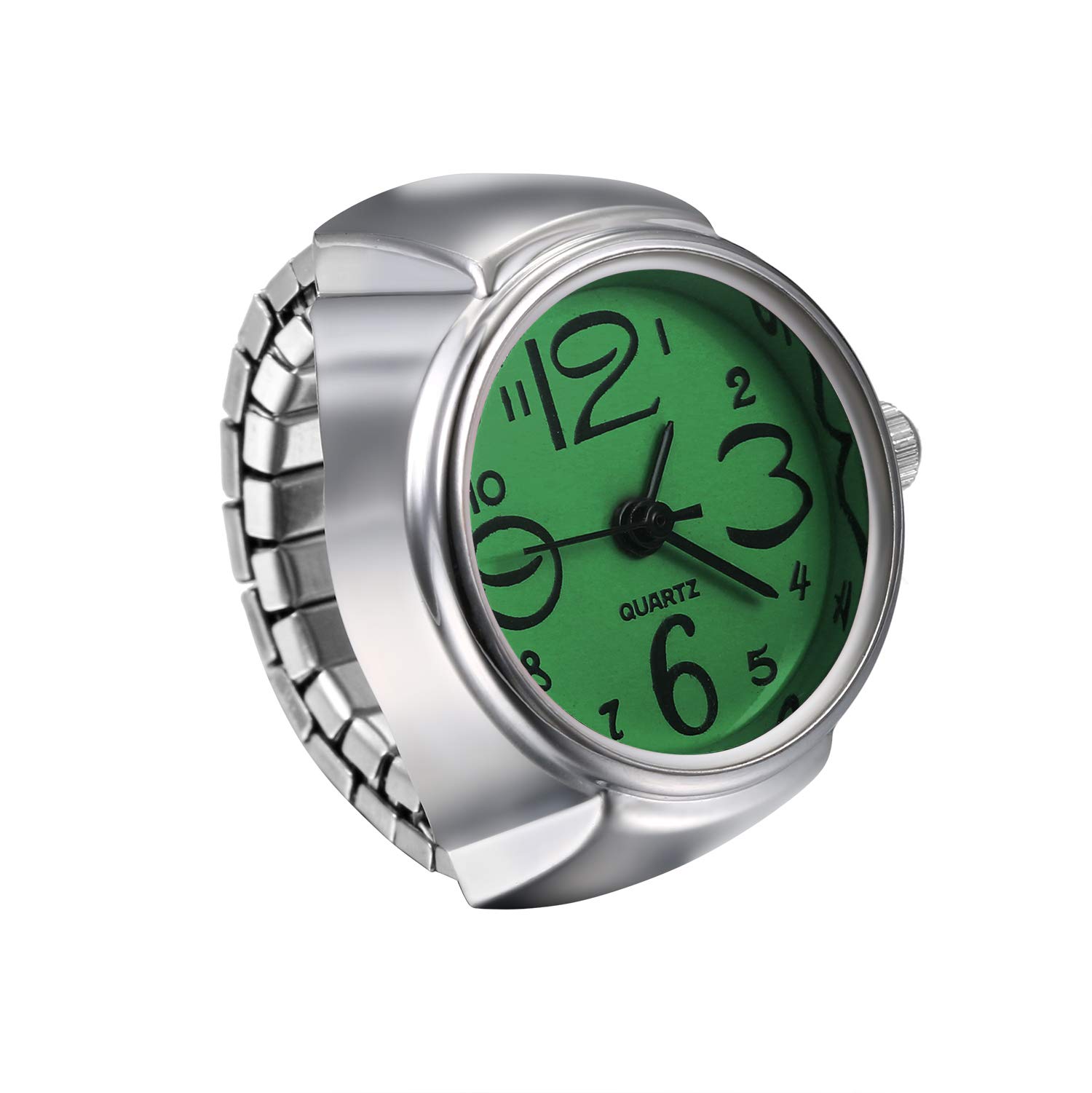 JewelryWe Finger Watch Analog Quartz Ring Watch Elastic Silver Band