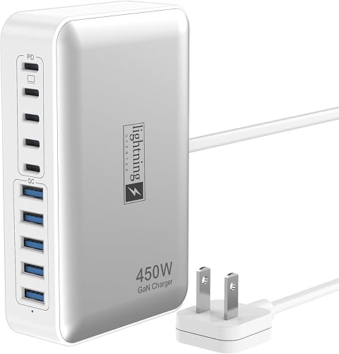 Miniatura 12 de Bloque de Cargador USB C de 10 Puertos, Estación de Carga USB de 450W para Múltiples Dispositivos, 5 Tipo C + 5 USB A Concentrador de Carga GaN PD,