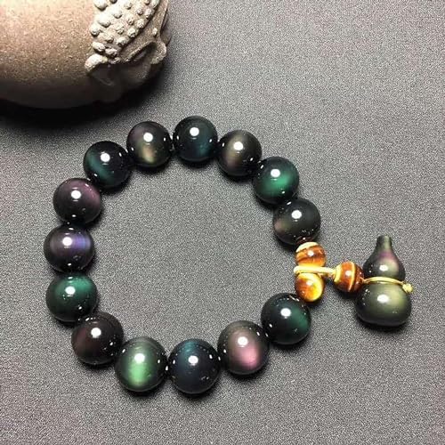 Lucky Bracelet, Feng Shui Black Obsidian Bracelet, for Women Men Natural Black Obsidian Wu Lou Calabash Gourd Rainbow Eye Tiger Eye Bracelet Attract Good Luck,8mm4