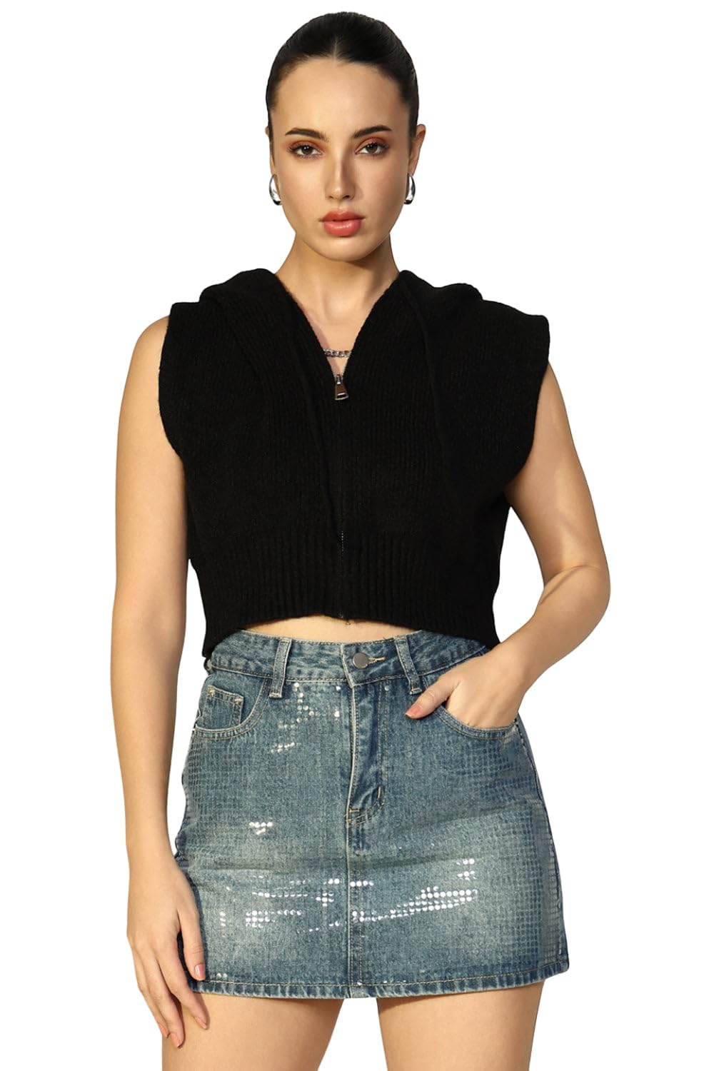 Edition Women's Ribbed Black Hooded Top with Zip-CHN-6652_Black-P-image-29