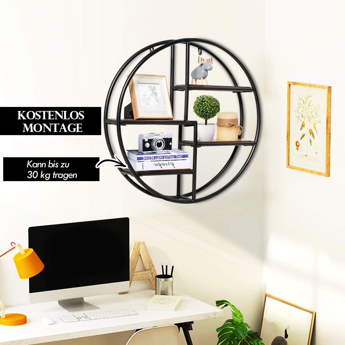 COSTWAY Wandregal Rund, Hängeregal mit 4 Böden, Metallregal Holz, kreisförmiges Bücherregal für Schlafzimmer, Wohnzimmer, Küche und Büro 55x55x11cm