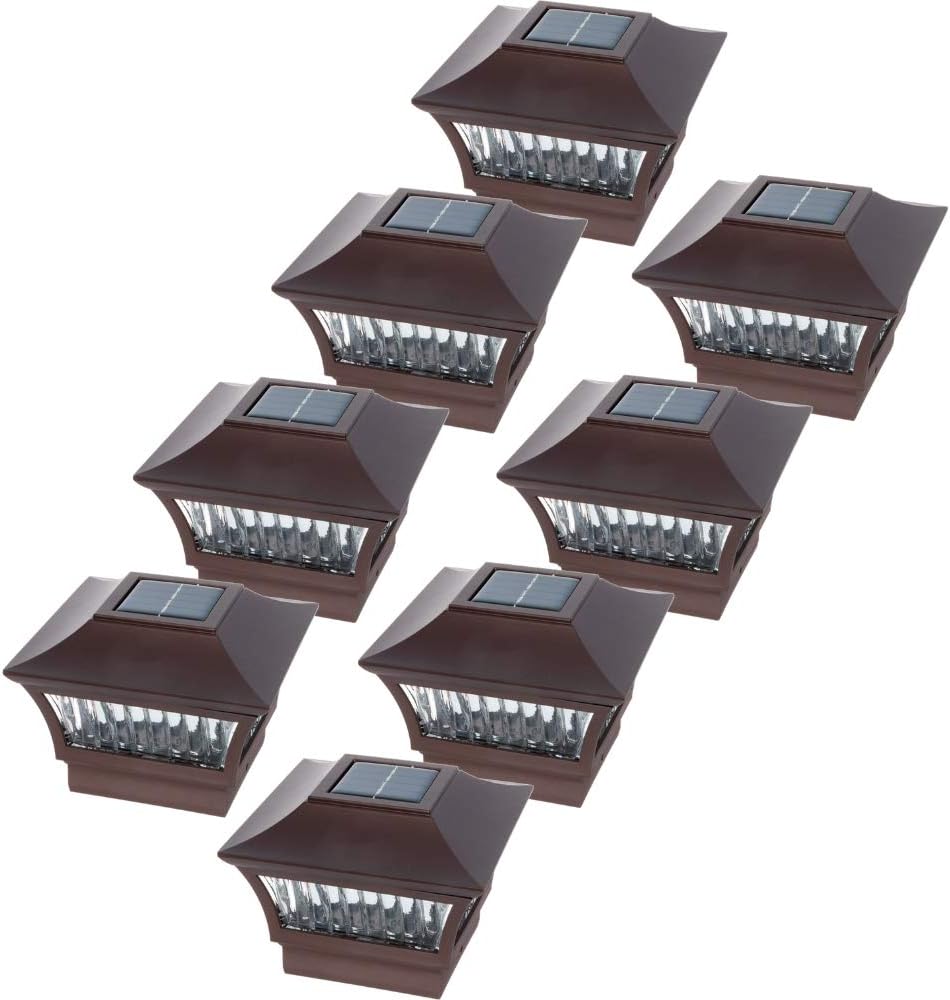 GreenLighting - Solar Post Lights - Solar Deck Post Top LED Lights - Solar Fence Post Lights - Sleek Solar LED Post Cap Light for 4X4 Wood, 6x6 PVC (#6 Sleek, 8 Pack, Bronze Aluminum)