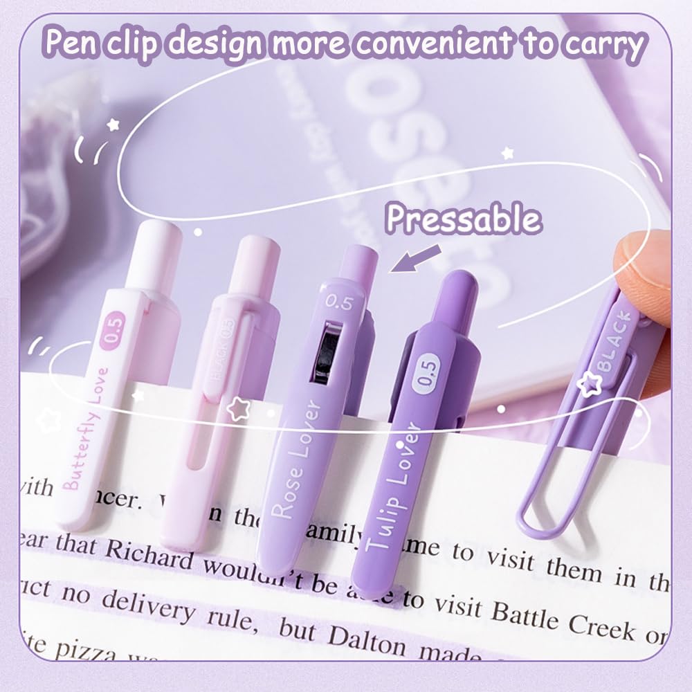 Cute Gel Pens, 5Pcs Retractable Quick Dry Ink Pens, 0.5mm Fine Point Black Ink Kawaii Smooth Writing Pens for School Office Supplies Aesthetic Pretty Pens