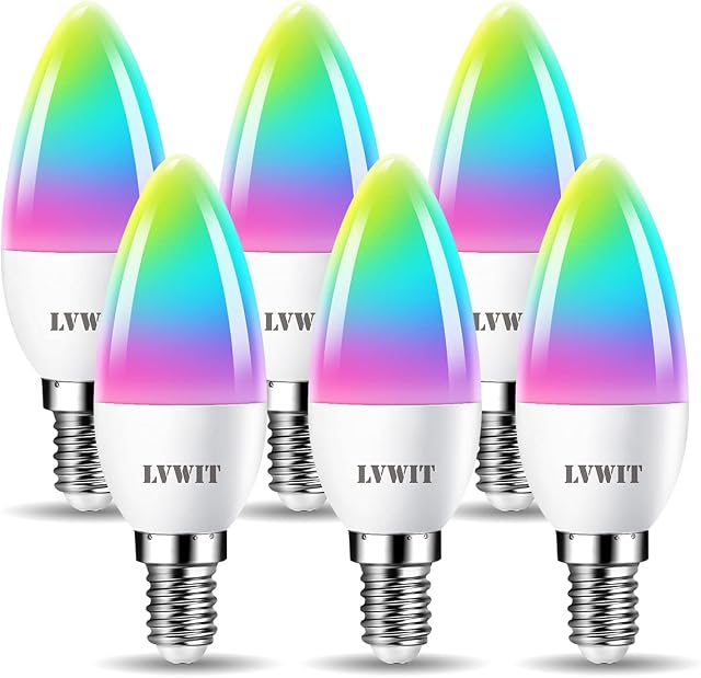 LVWIT Dimmable E14 Smart Candle LED Bulb, C37 WiFi RGB Bulbs , 470Lm, 5W Replace 40 Watt,Compatible with Echo and Google Assistant,Dimmed TUYA / Smart Candle Bulbs Life APP(Pack of 6)