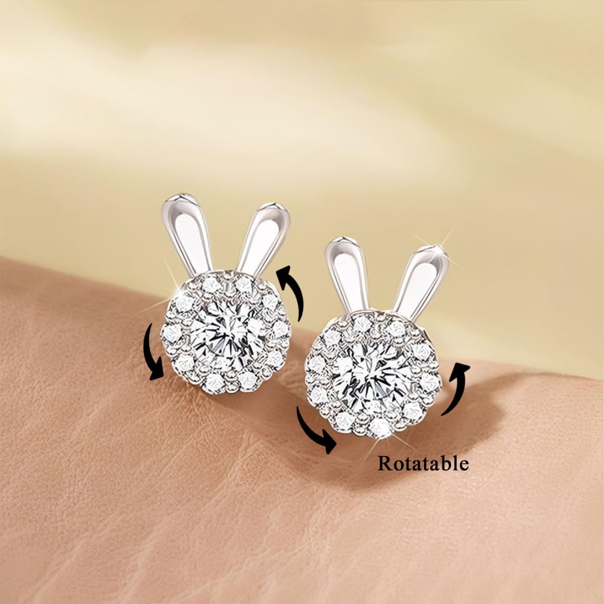 Moissanite Rabbit Stud Earrings S925 Sterling Silver Bunny Earrings Rotatable Animal Earrings Birthday Holiday Gift for Girlfriend Wife Mother