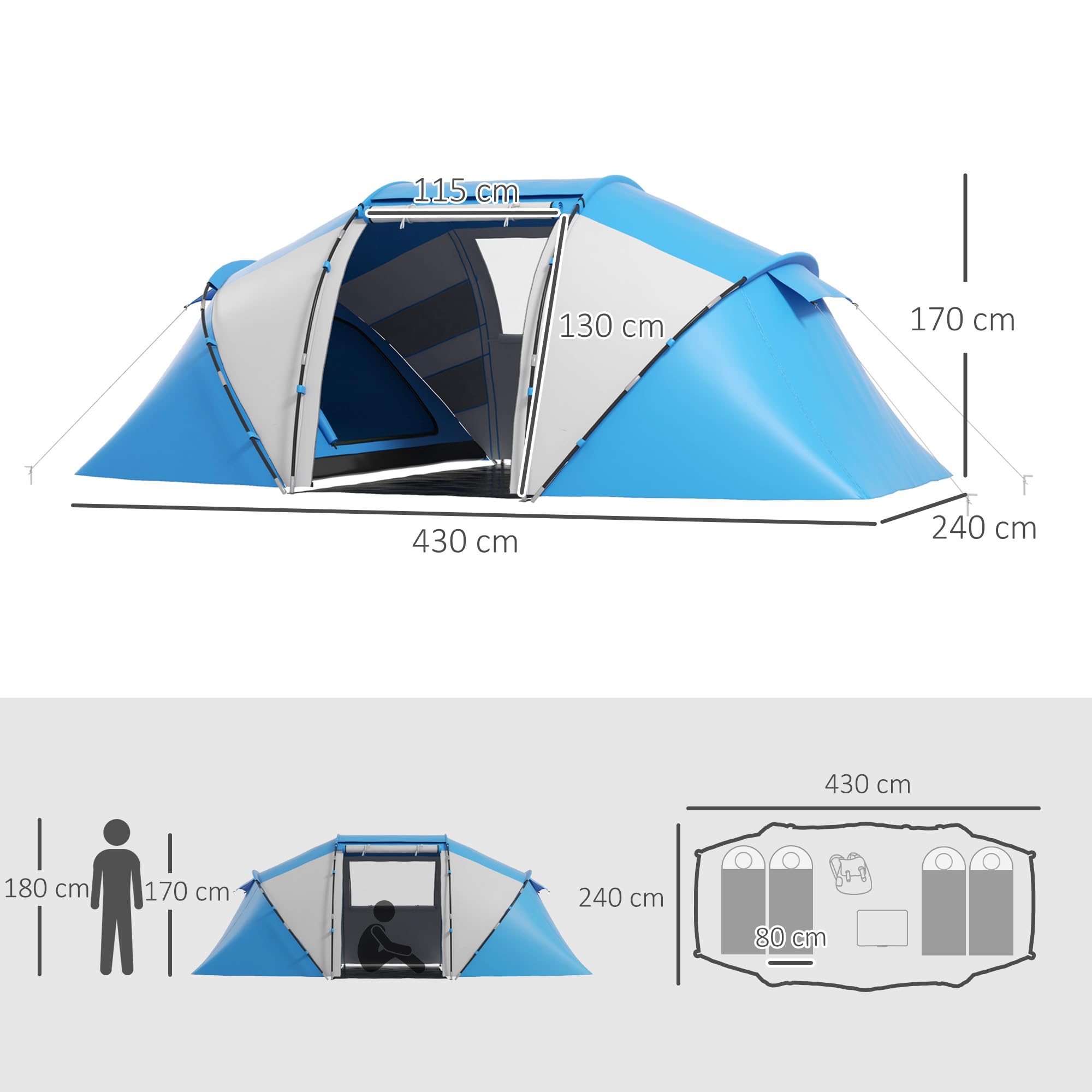 Outsunny Tenda da Campeggio 4 Posti con 2 Zone Notte e Borsa da Trasporto, 430×240×170 cm, Bianco e Azzurro