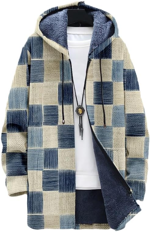 DMOYALA Oversized Plaid Coat for Men Zip Up Hoodie Sherpa Lined Fleece Jacket Soft Warm Winter Coat with Hood and Pockets