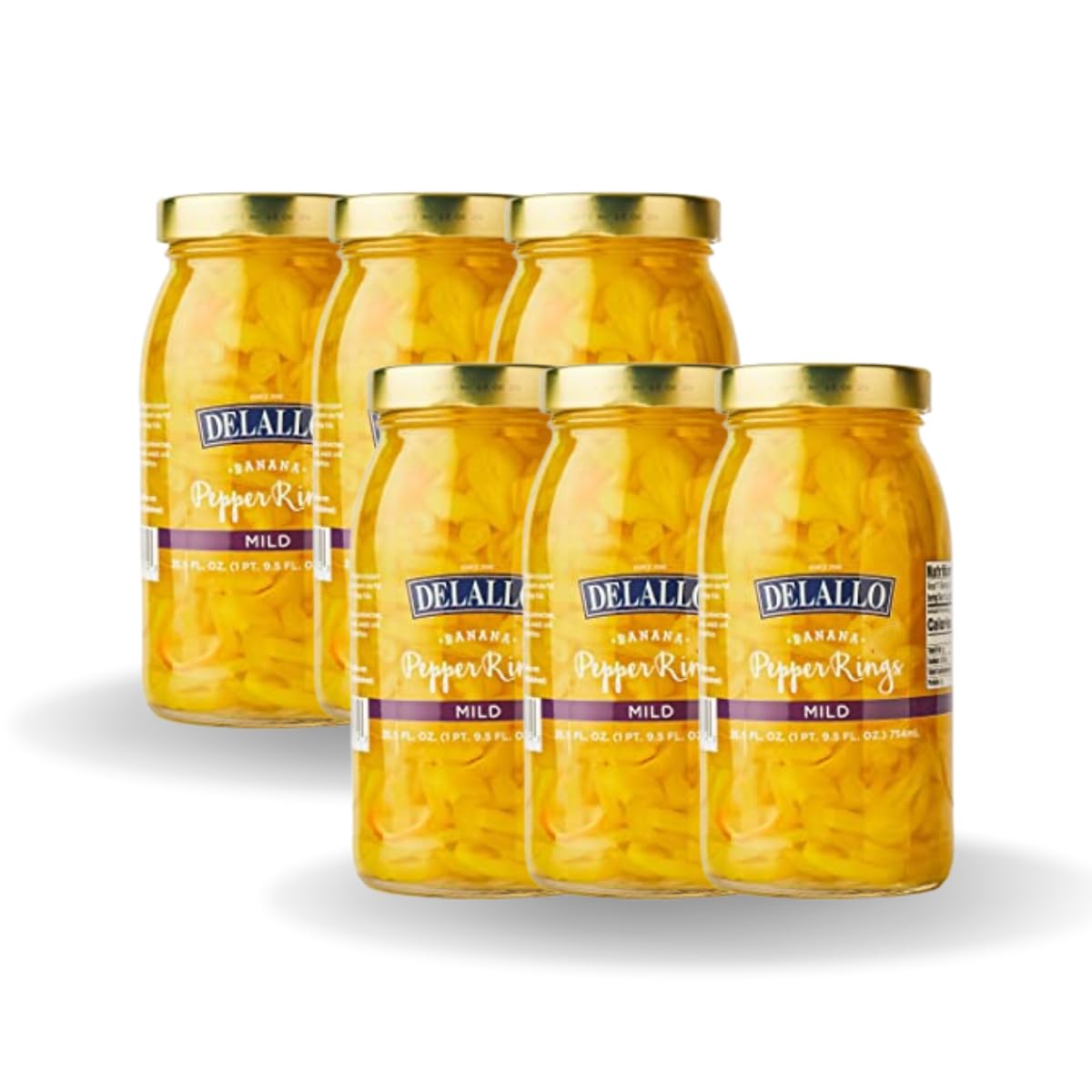 DeLallo Mild Banana Pepper Rings, 25.5 Ounce Jar 6 Pack, Zesty Yellow Pickled Pepper Rings for Pizzas & Sandwiches, 100% Cured, Non-GMO, Vegan, Grown in USA