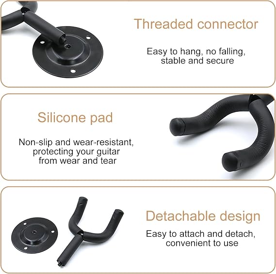 Guitar Wall Mount 2 Pack, Guitar Hanger with Rotatable Soft Holder, Style Wall Holders Hooks Stands for Acoustic Electric, Bass, Classical, Ukulele