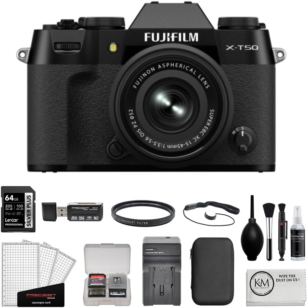 FUJIFILM X-T50 Mirrorless Camera w/XC 15-45mm f/3.5-5.6 OIS PZ Lens | Black Bundled with 64GB Memory Card + Battery Charger + UV Filter + Photo Starter Kit + Cleaning Cloth (6 Items)
