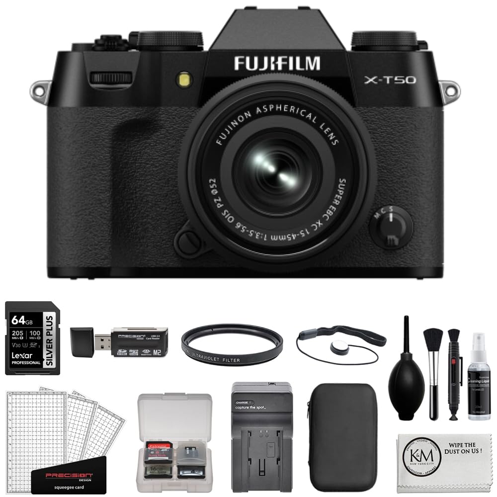 FUJIFILM X-T50 Mirrorless Camera w/XC 15-45mm f/3.5-5.6 OIS PZ Lens | Black Bundled with 64GB Memory Card + Battery Charger + UV Filter + Photo