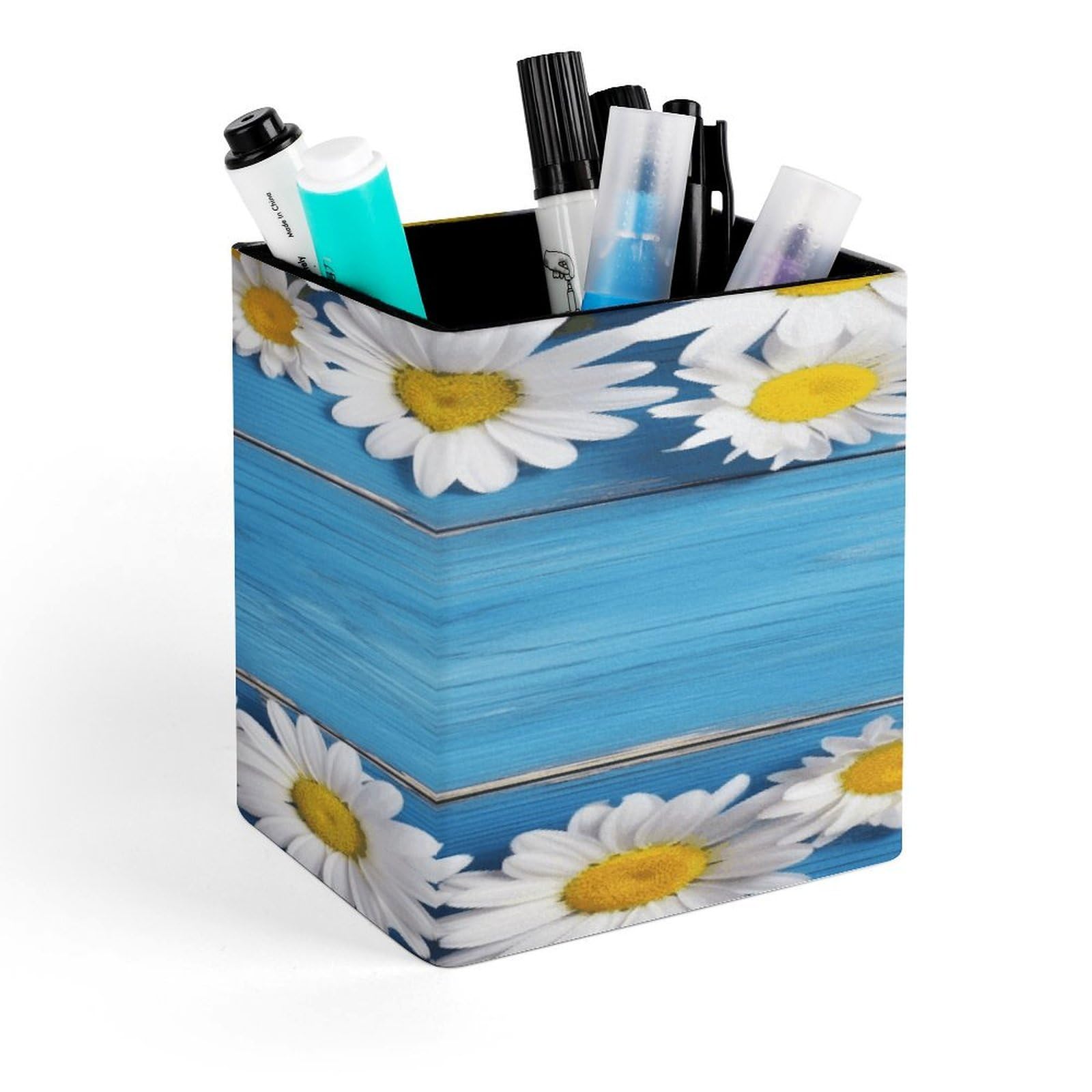 FekiLoot - Blue Wooden Pen Holder Daisy Design Office Accessories Square Pen Container Box Desk Organizer Brush Holder