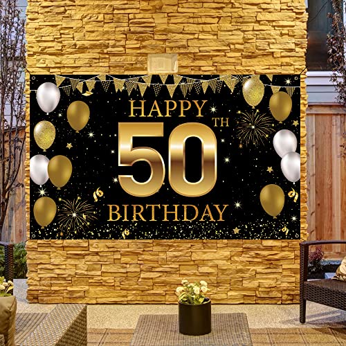 50th Birthday Decorations Backdrop Banner, Happy 50th Birthday Decorations for Men Women, 50 Years Old Birthday Party Photo Booth Props Black Gold, 50 Birthday Yard Sign, Fabric Vicycaty
