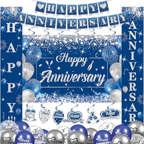 Blue Happy Anniversary Decorations for Men Women - Silver Banner