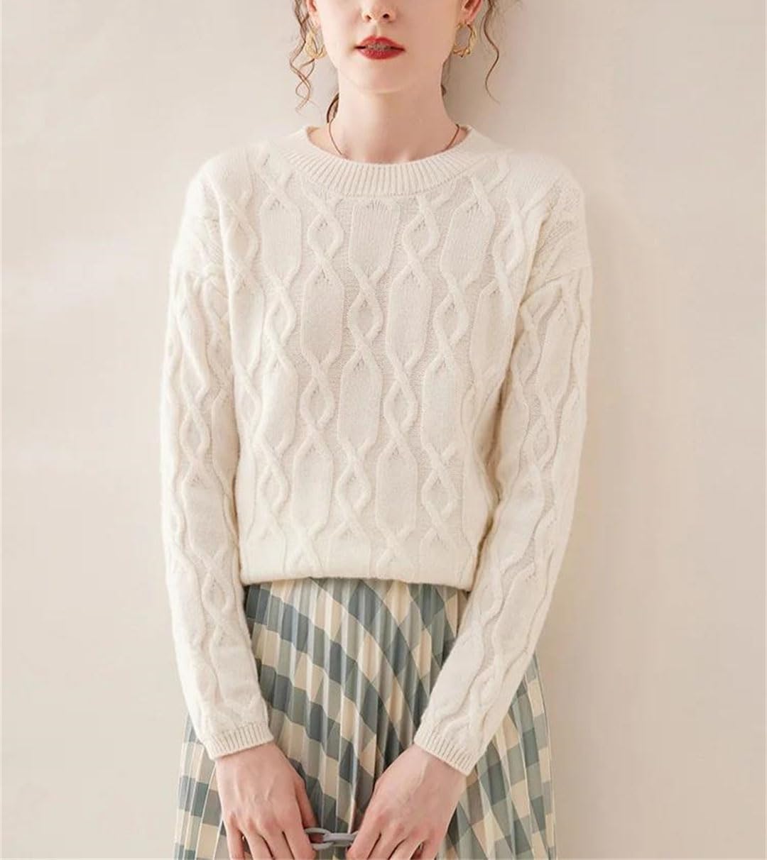 Modny kaszmirowy sweter dla kobiet zimowy gruby miękki ciepły skręcony kwiat okrągły dekolt sweter kaszmirowa dzianina, BEŻOWY, S