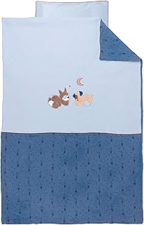 Nattou Set di biancheria da letto reversibile, Cagnolino e orsetto lavatore, Lenzuola 100 x 140 cm, Federa 40 x 60 cm, Jim e Bob, Blu