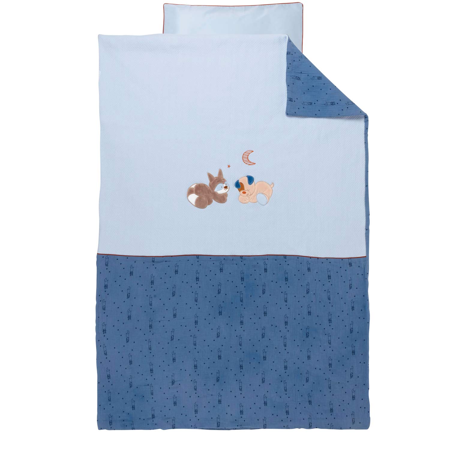 Nattou Set di biancheria da letto reversibile, Cagnolino e orsetto lavatore, Lenzuola 100 x 140 cm, Federa 40 x 60 cm, Jim e Bob, Blu