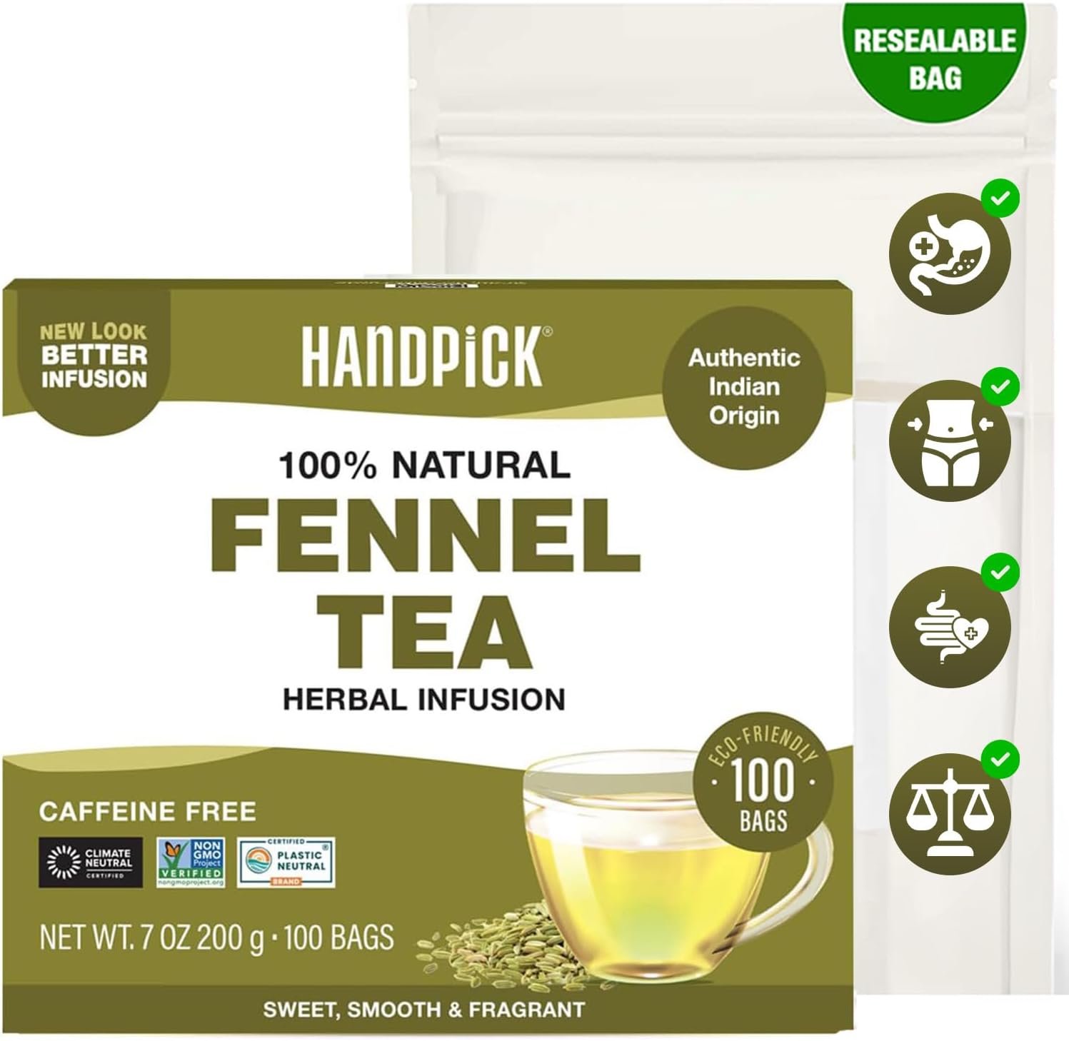 HANDPICK, Premium Fennel Tea Bags (100 Herbal Tea Bags) Caffeine Free, Gluten Free & Non GMO | Round Eco Conscious Tea Bags | Smooth & Sweet