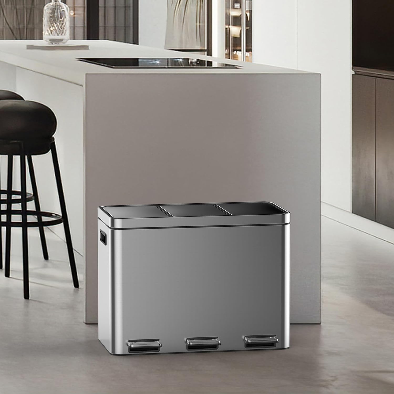Garvee 12 Gallon Stainless Steel 3 Compartment Trash Can - 3x15L Recycling Bin with Soft-Close Lid, Fingerprint-Proof Kitchen & Office Waste Sorting Bin