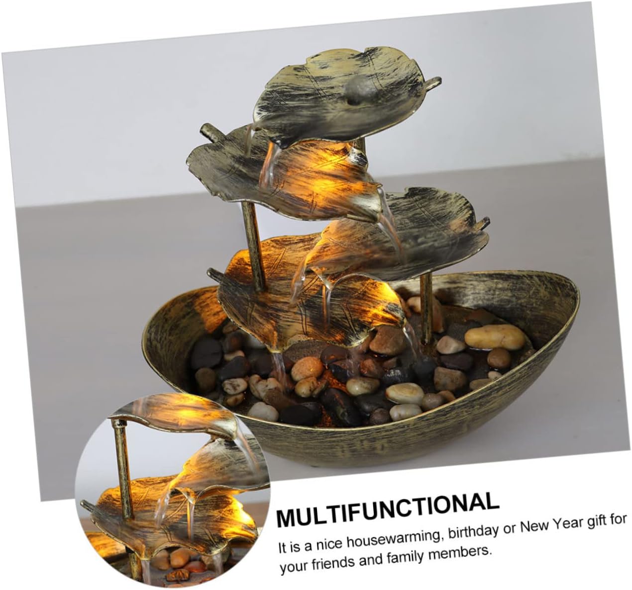Creative Lotus Leaf Ingot Tabletop Water Fountain Relaxing Desktop with Led Light for Home and Office Hydroponic Plant Base Elegant Waterfall Ornament