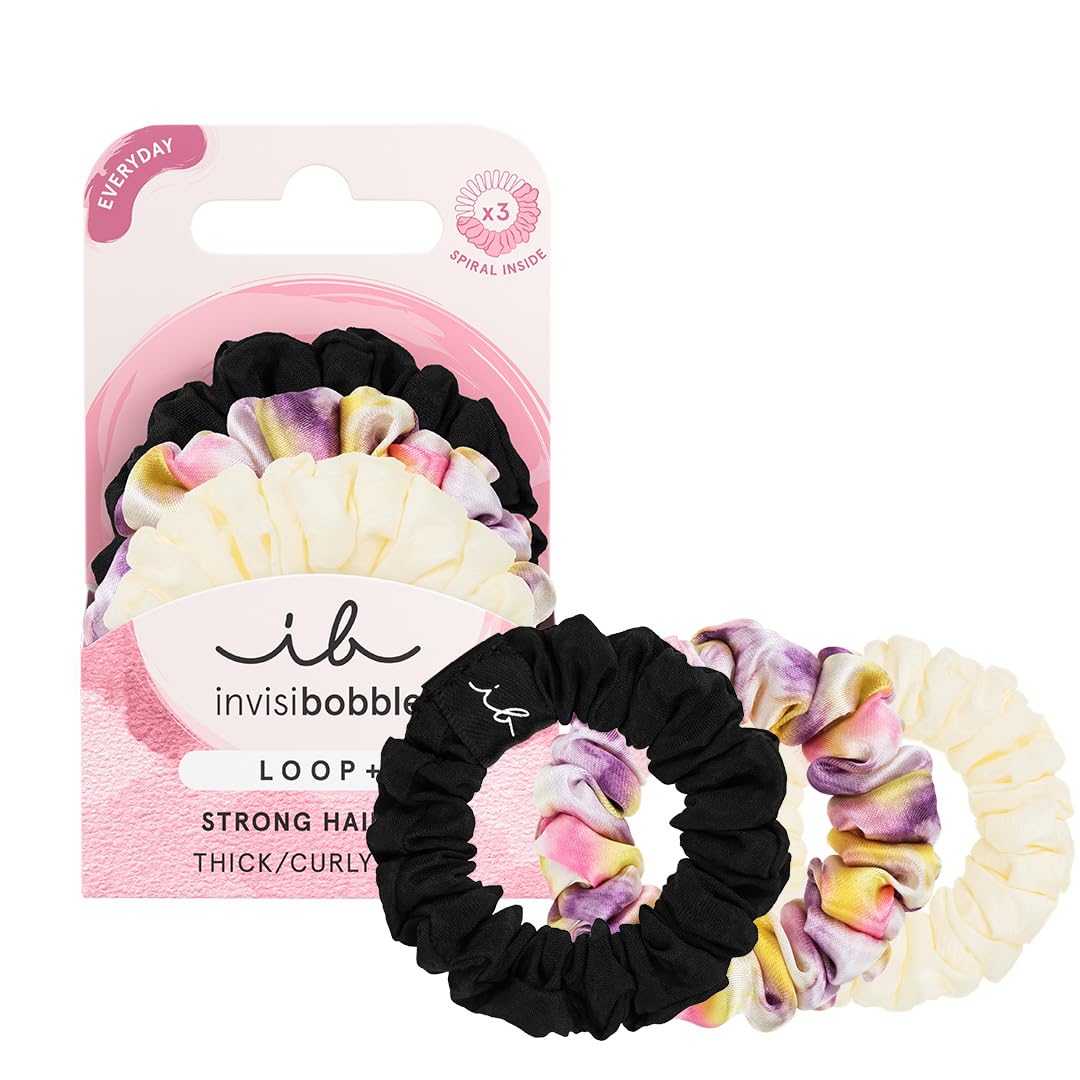invisibobble Haargummis Dünn Loop Be Strong, Sprunchie für Feines Haar, Stoff Haargummi Schwarz & Bunt, 3 Stück