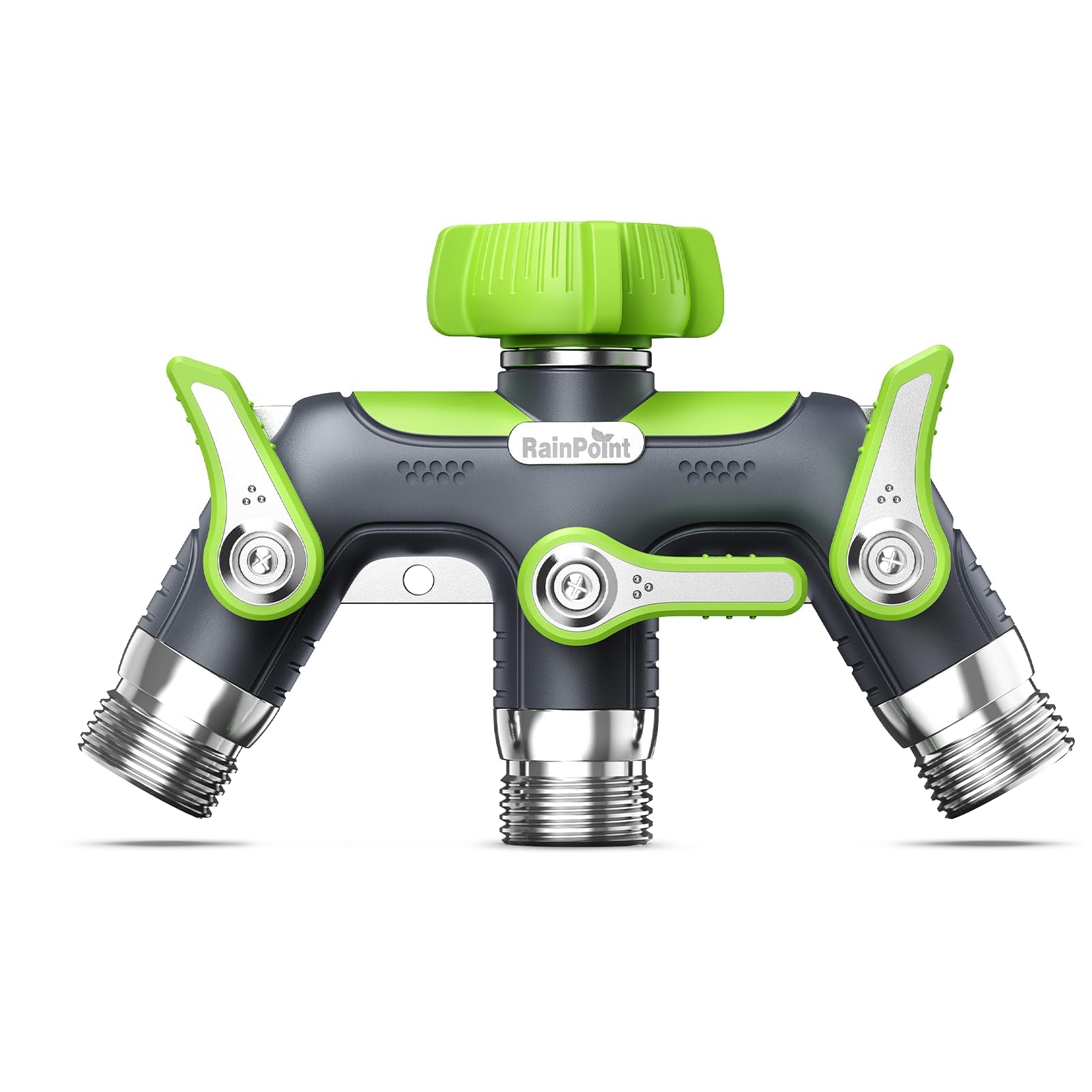 RAINPOINT Garden Hose Splitter 3 Way, 3/4" Heavy Duty Water Hose connector with Shutoff Valves and 3/4" to 1/2" Adapter, 100% Metal Body Outdoor Faucet Splitter, 1.9" Extra Long Metal Handle