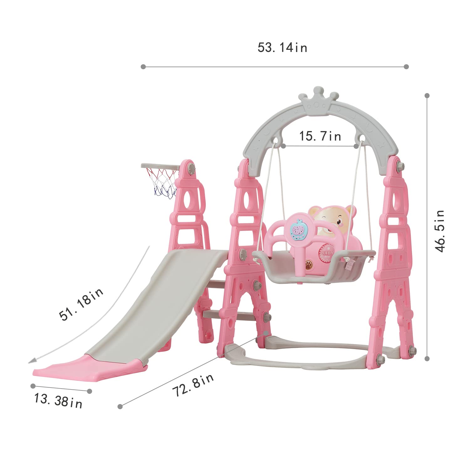 Kinbor 4 in 1 Toddler Slide and Swing Set, Climber Slide Playground Baby Playset for Both Indoor & Outdoor with Basketball Hoop, Extra Long Slide & Easy Climb Stairs, Pink box 2 of 2