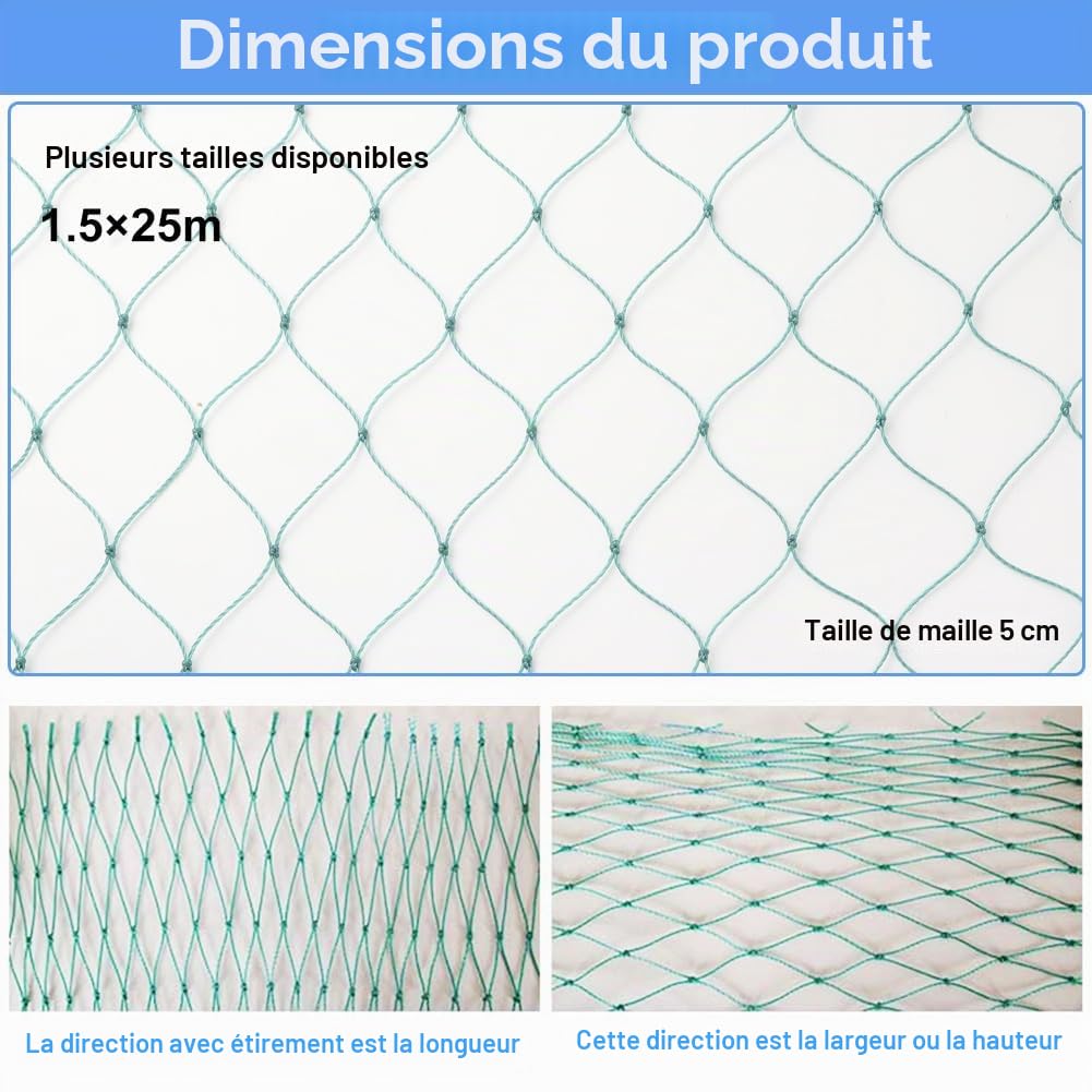 Filet pour volaille en maille de 5 cm avec 36 fils et nœuds solides - Filet pour poules - Clôture mobile (1,5 X 25m)
