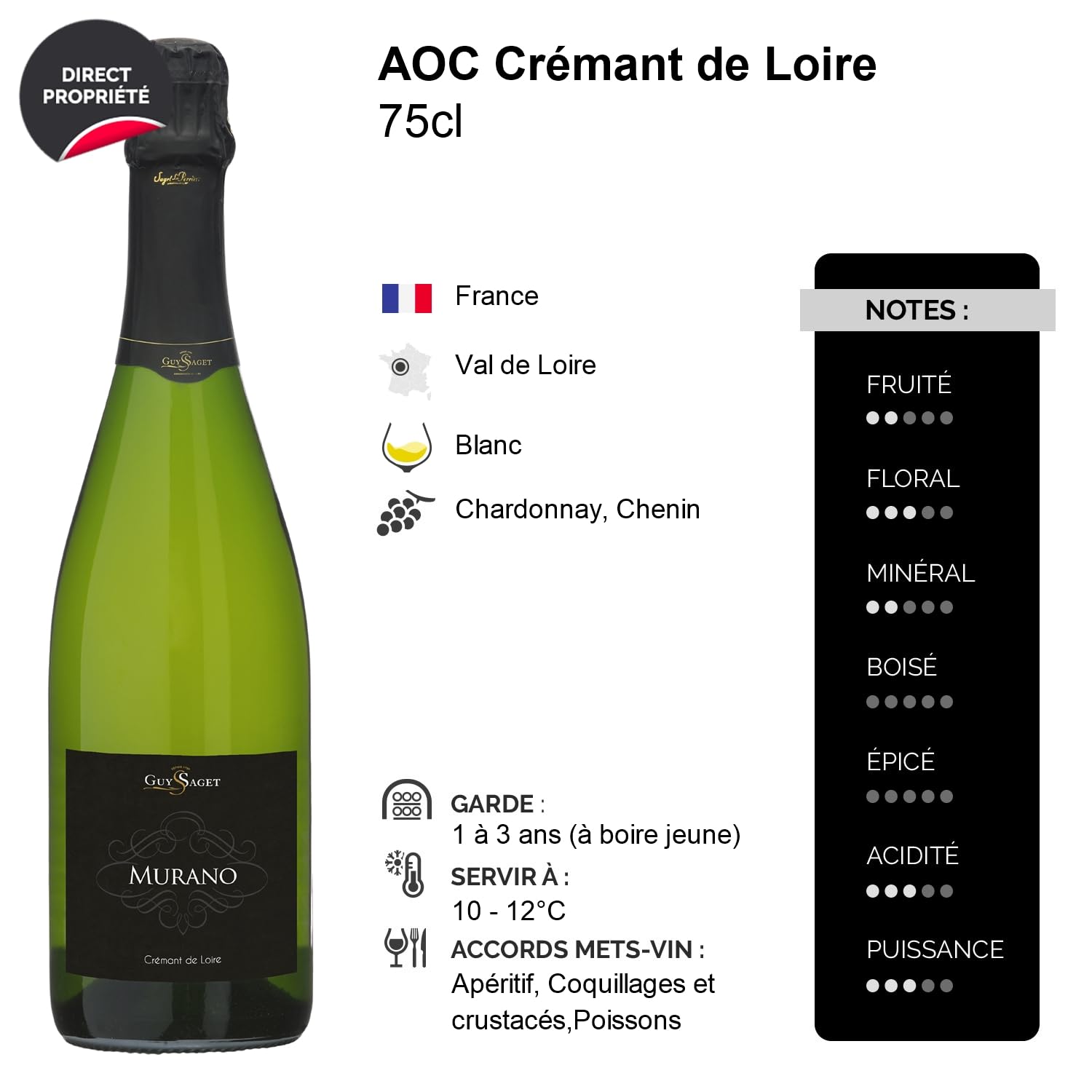 Crémant de Loire Murano Brut - Blanc - Guy Saget - Vin Blanc du Val de Loire (6x75cl) Effervescent